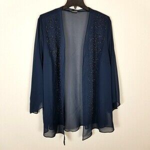 Catherines Women Plus Semi Sheer Open Front Kimono Top Embelished Navy 24W
